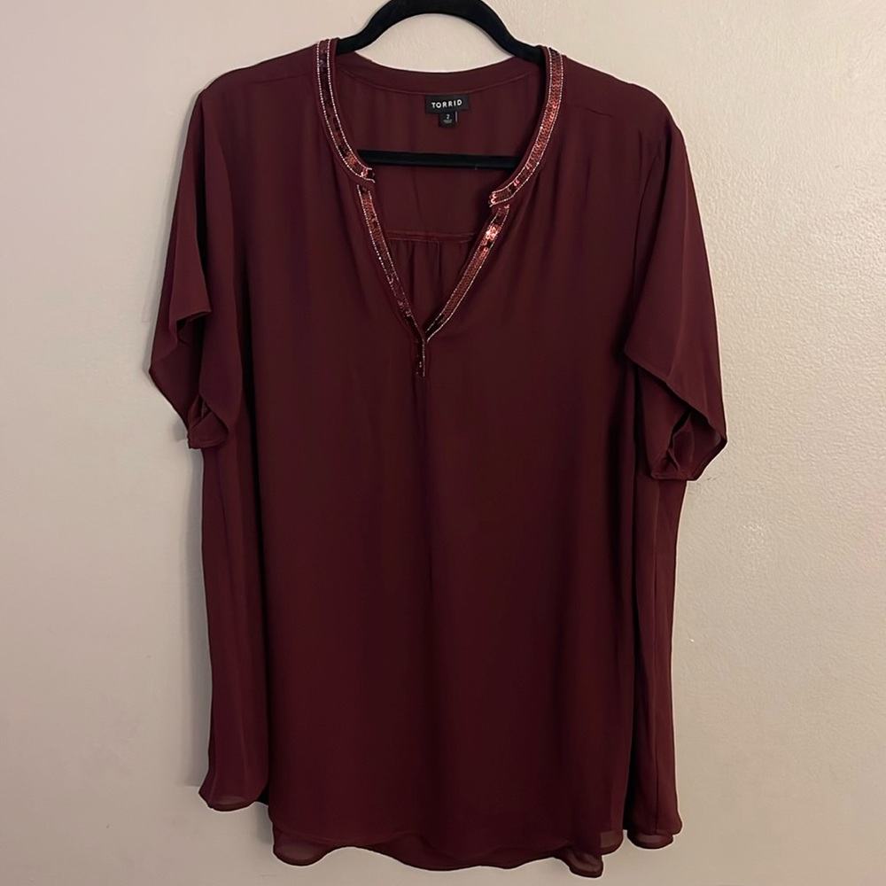 Torrid Burgundy Blouse with Sequin Trim